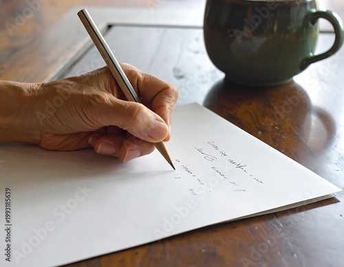 A hand writing on paper with a cup nearby