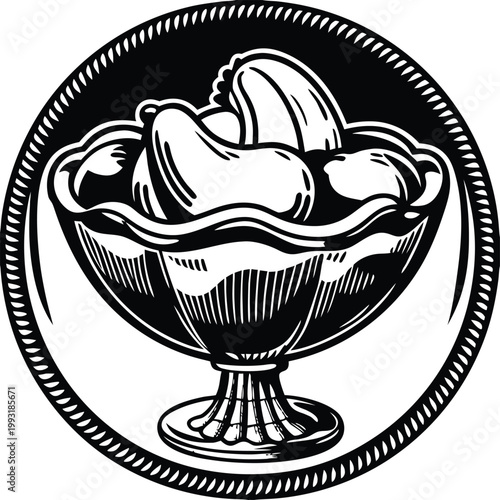 Vintage ice cream, banana split, dessert bowl, black and white vector