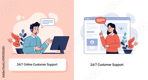 Online customer support representative with a headset helping a client through a video call on a computer screen for 24/7 service.