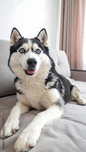 A husky dog lies on a couch, looking at the camera