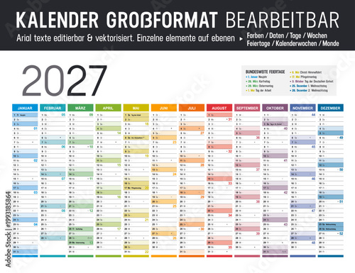 Kalender 2027 Deutsch großformat bearbeitbar, jahresplaner horizontal vektor mit Feiertagen und Kalenderwochen
