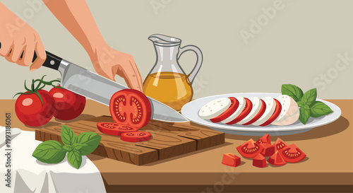 Person preparing a fresh caprese salad by slicing ripe red tomatoes on a wooden board with oil and mozzarella on table.