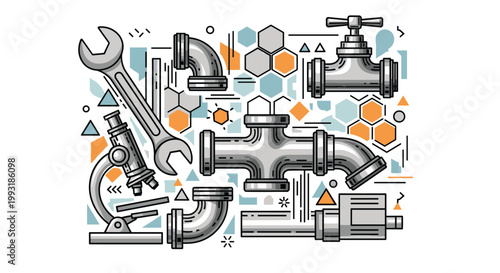 Industrial plumbing components and scientific equipment collage featuring pipes and wrench for mechanical and laboratory themes.