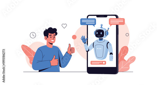 Young man giving a thumbs up to a helpful robot chatbot on a smartphone screen representing customer support technology.