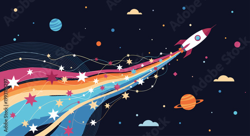 Colorful rocket ship blasting off into deep space with a rainbow trail of stars and planets for adventure and discovery themes.