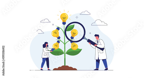 Team of scientists in white lab coats examining a plant growing light bulbs with a magnifying glass for innovative ideas.
