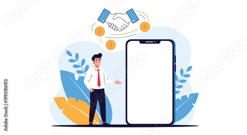Businessman standing next to a large blank smartphone screen with handshake and money icons for mobile payment business.