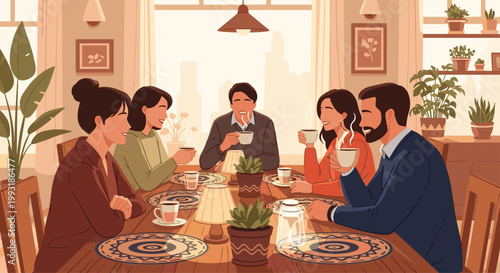 Group of friends having a conversation over coffee in a cozy cafe filled with indoor plants and warm lighting decor.