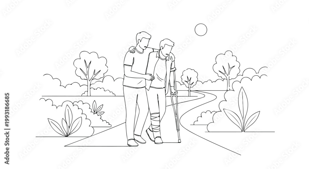 Fototapeta premium Man Helping Injured Person with Crutches Walk in Park Vector Illustration
