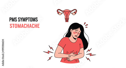 Young woman experiencing stomach pain and PMS symptoms with a uterus icon in the background for women health awareness.
