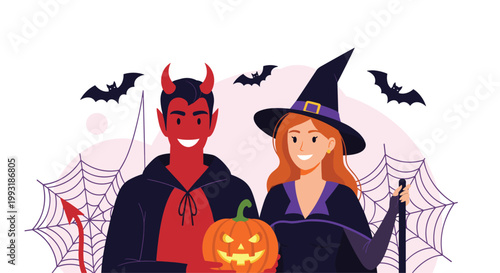 Smiling man dressed as a red devil and a woman in a witch costume holding a glowing carved jack-o-lantern for Halloween.