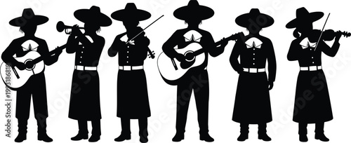 Traditional mexican mariachi band silhouettes with musical instruments