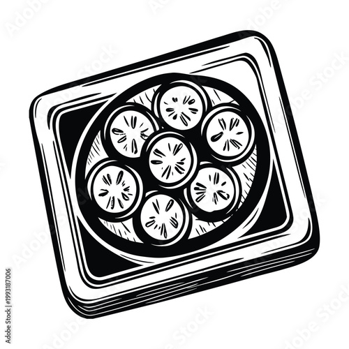 Black and white vector sushi rolls on plate, Japanese food illustration, sushi plate icon, seafood dish