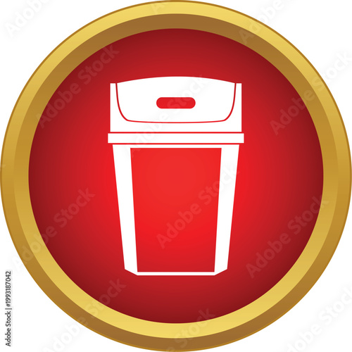 Waste bin icon on a red background with a gold frame illustrates disposal