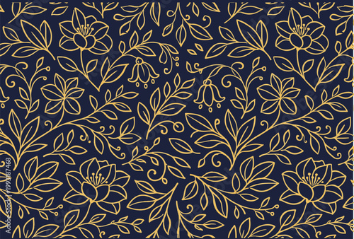 Luxury seamless pattern with golden line art flowers and bellflowers on dark navy background