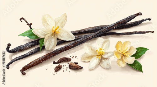 Collection of vanilla pods and vanilla flowers isolated on pure white background.