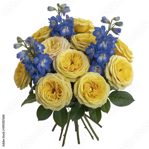A vibrant cluster of yellow sunflowers with green leaves and stems