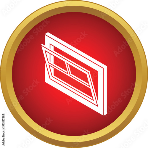 Window frame with open pane in white isometric line art on a red background
