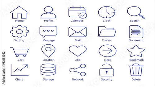 20 Minimalist Blue Outline Icons for Website, Business, and Social Media Marketing.