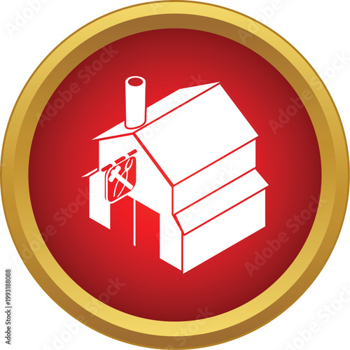 Blacksmith shop building with tools sign in a red and gold circle