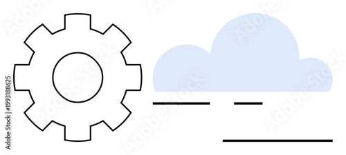 Cloud technology, software development, automation, digital innovation, cloud storage, computing services. A gear next to a cloud icon. Cloud technology and software development concept