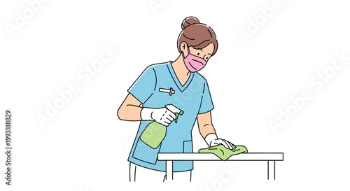 Woman wearing scrubs and cleaning.