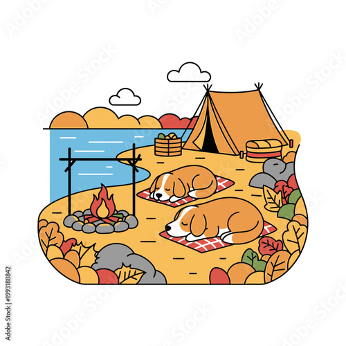 Two dogs napping by a campfire at an autumn lakeside campsite