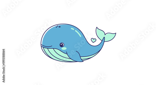 Cute blue cartoon whale smiling.