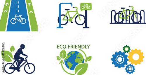 Set of Bicycle and Eco-Friendly Transportation Icons Featuring Bike Lane, Bicycle Parking, Rider, and Sustainability in Flat Design Style