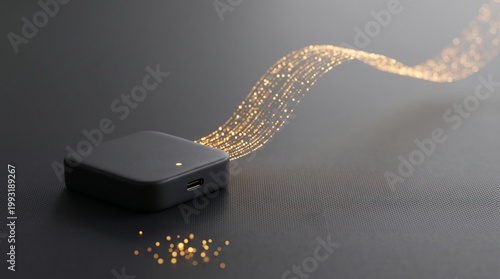 Electronic device transmitting digital data. Minimalist tech gadget emitting glowing golden light streams representing wireless connection. High speed internet and cloud computing concept.
