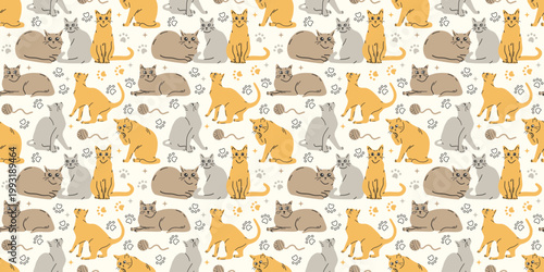 Cats flat seamless pattern. Doodle cat, fluffy pets cartoon isolated. Decorative kittens fabric print, childish racy vector background with animals.