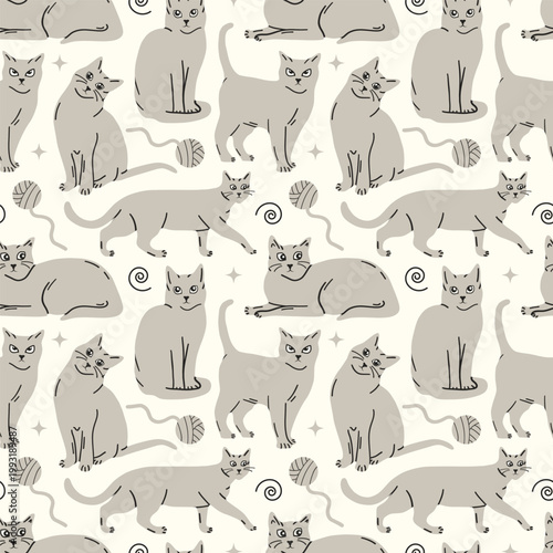 Cats flat seamless pattern. Doodle cat, fluffy pets cartoon isolated. Decorative kittens fabric print, childish racy vector background with animals.