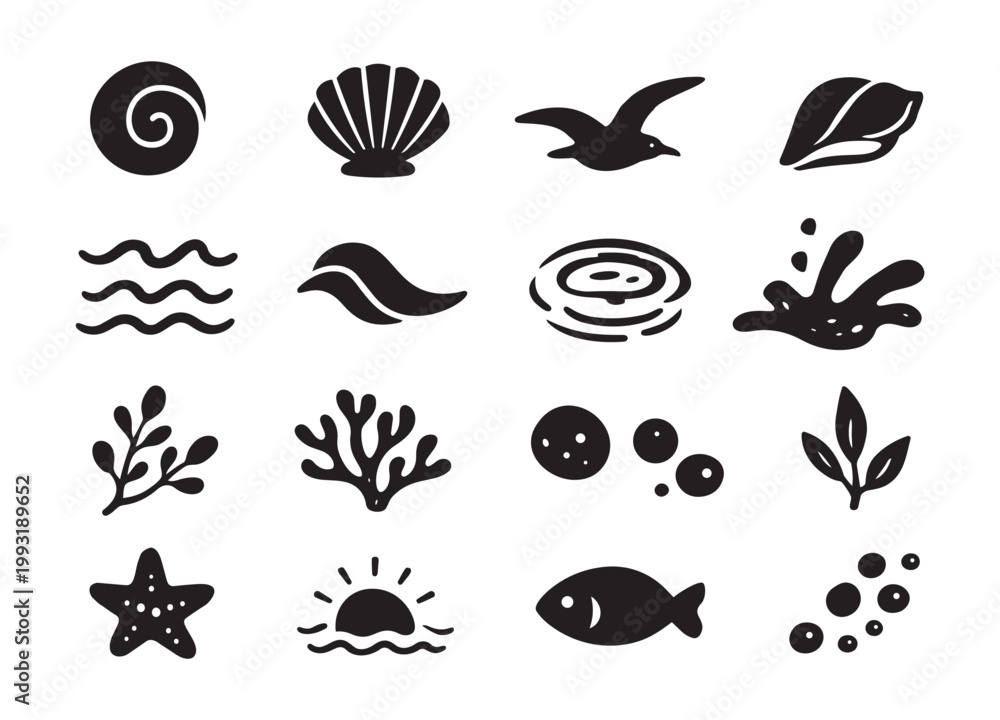 Obraz premium Black ocean icons set minimal marine symbols silhouette shells waves coral fish flat vector collection
