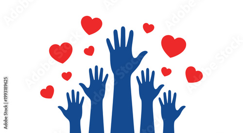Blue arms reaching upwards towards red hearts in a celebratory vector illustration graphic