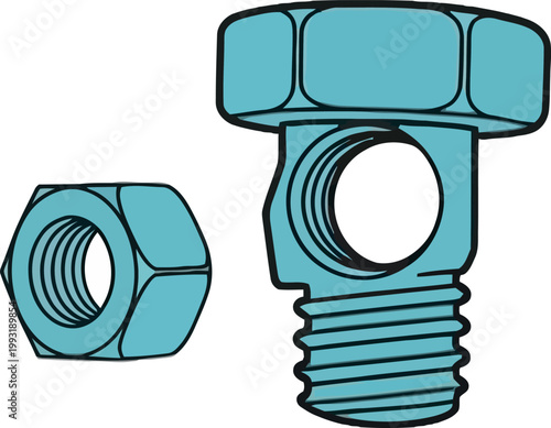 Illustration of a Bolt and Nut Fastener Components.
