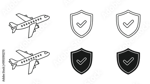 Two airplanes flying in the sky with security shield icons representing safety and protection