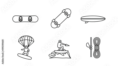 Collection of various outdoor and recreational activity icons including skateboard skateboarder parasail boat