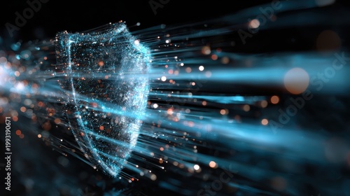 Digital Shield: A dynamic visualization of a protective shield, constructed from luminous particles and lines of energy, embodying the essence of cybersecurity. 
