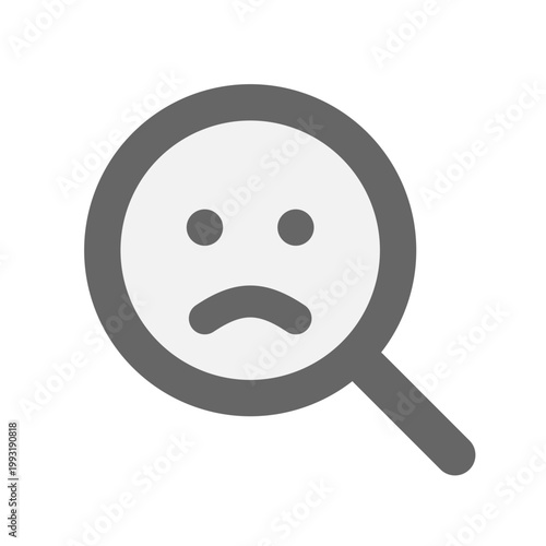 Sad face inside a magnifying glass on white background symbolizing search failure or problem finding