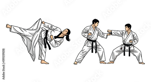 Three martial artists in karate uniforms practicing kicks and punches in a studio