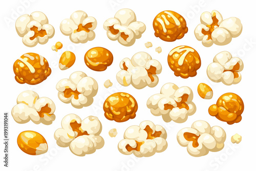 Cartoon Popcorn Kernels and Caramel Popcorn Set, Cinema Snack for Movie Night, Salty and Sweet Popcorn Grains for Watching TV at Home or Movie Theater, Isolated Vector Illustration on White