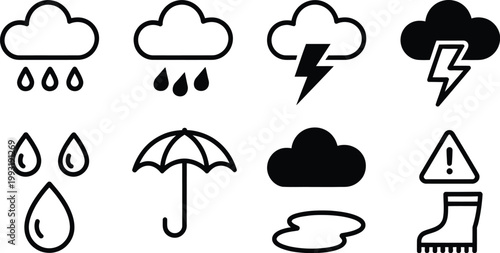 Weather icons set rain lightning umbrella boots vector illustration for forecasting climate and seasonal outdoor conditions design