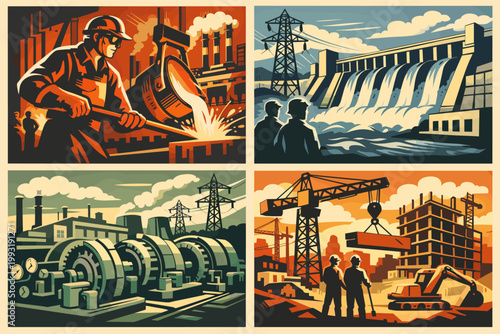 Set of Retro Industrial Propaganda Posters in Vintage Placard Style Featuring Steel Foundry Workers, Hydroelectric Dams, Power Plant Machinery, and Construction Sites with Cranes and Laborers