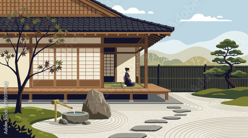 Traditional Japanese house with stone pathway.