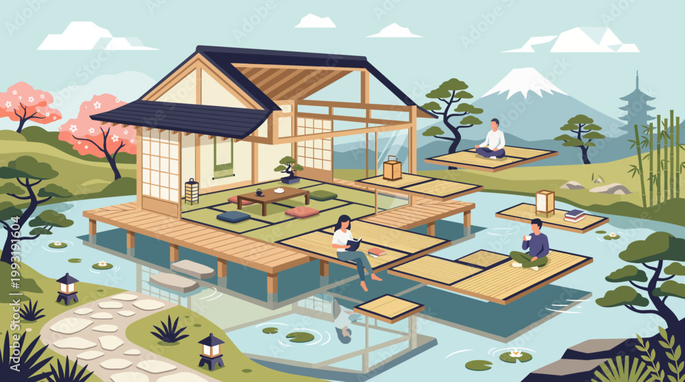 Fototapeta premium Traditional Japanese House Over Water Pond.