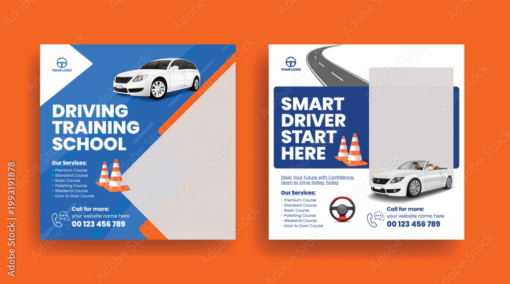 Fototapeta premium Modern driving school and car rental service advertising banner template with 3D car illustration auto repair garage workshop concept for social media post flyer poster banner promotion design