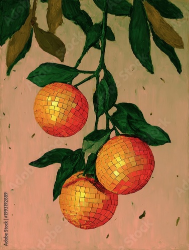 Three stylized disco ball oranges hang down