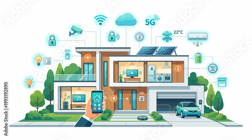 Smart home with solar panels installed.