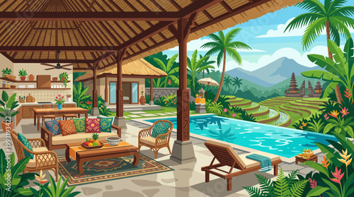 Fotografi Tropical resort pool and lounge chairs.