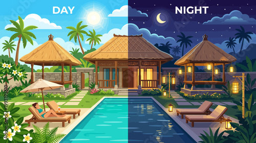 Tropical resort pool with sun loungers.